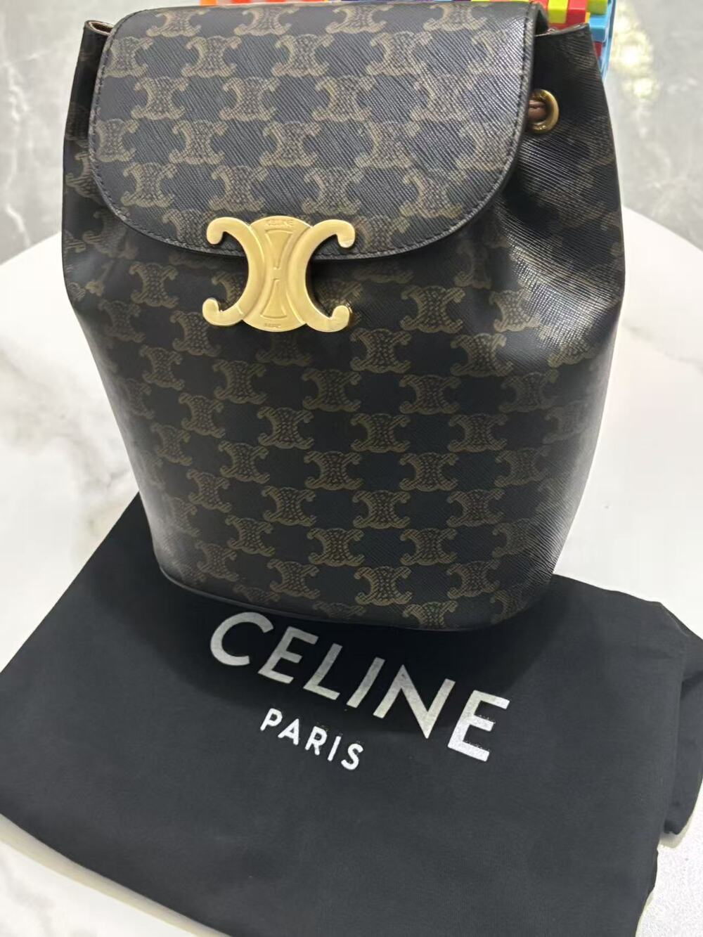 Celine Brown Triomphe Canvas Backpack with Gold-Tone Clasp